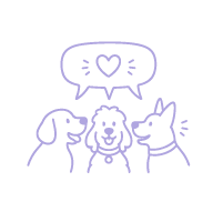 Line icon of three dogs talking and a social media heart inside a speech bubble.