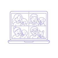 Line icon of a zoom call with people and their dogs.