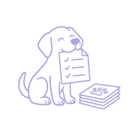 Line icon of a dog holding a checklist with a pile of papers.