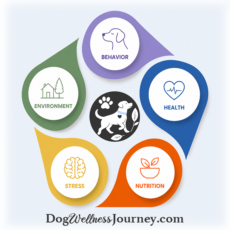 5 color circles with behavior, health, nutrition, stress and environment. Dogwellnessjourney.com