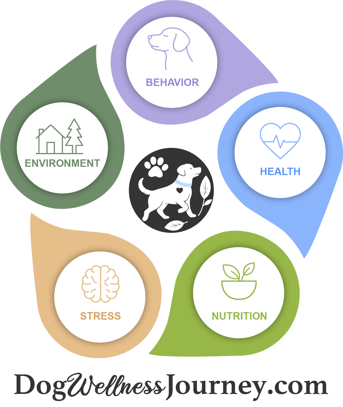 DogWellnessConnectionSQ 5 color circles with behavior, health, nutrition, stress and environment. Dogwellnessjourney.com