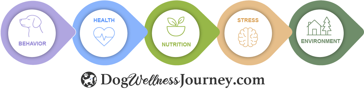 DogWellnessConnectionV 5 color circles with behavior, health, nutrition, stress and environment. Dogwellnessjourney.com